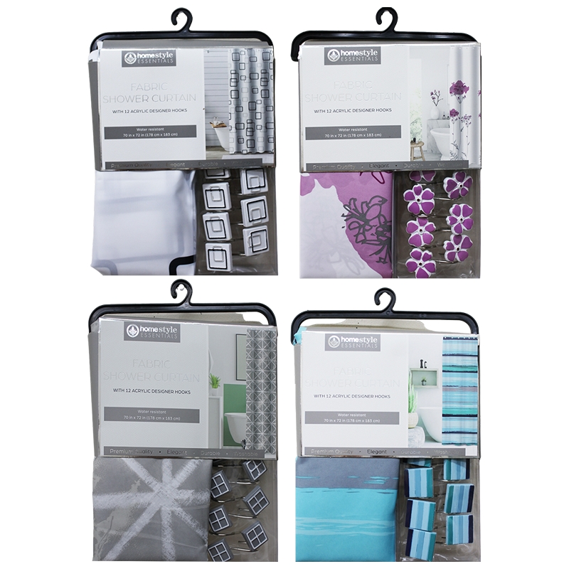 POLYESTER SHOWER CURTAIN W HOOKS - 12